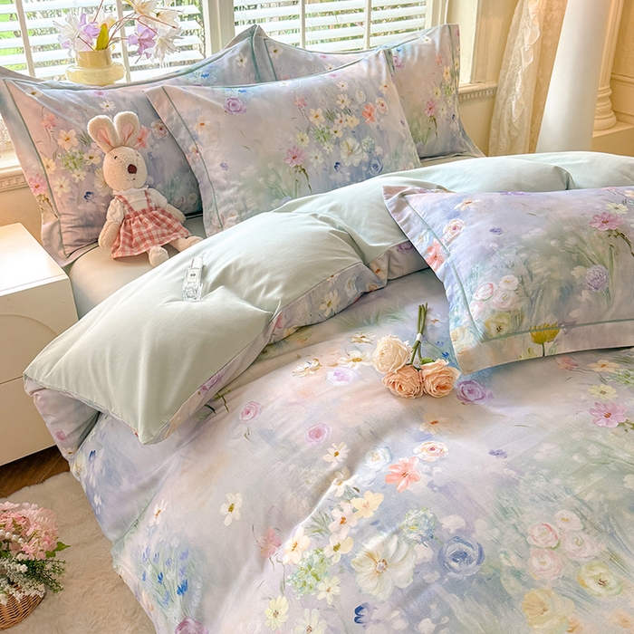 91家纺网 家纺一手货源 找家纺 巧玲珑 2025新款100%数码印花生态AB版四件套 曲悠