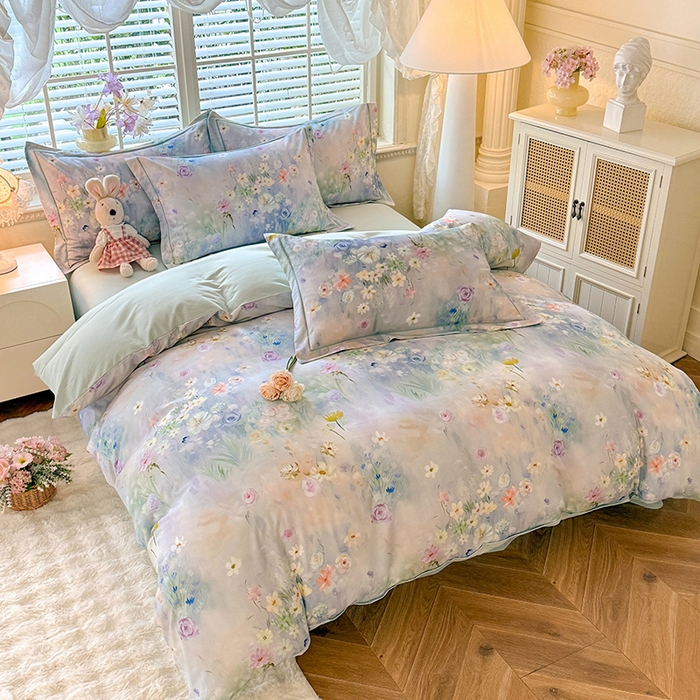 91家纺网 家纺一手货源 找家纺 巧玲珑 2025新款100%数码印花生态AB版四件套 曲悠