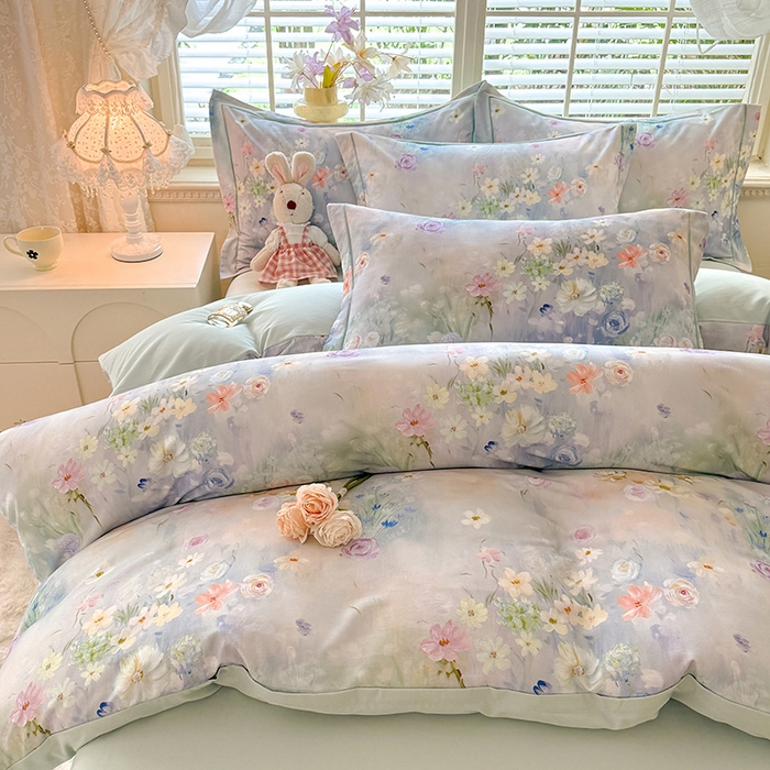 91家纺网 家纺一手货源 找家纺 巧玲珑 2025新款100%数码印花生态AB版四件套 曲悠