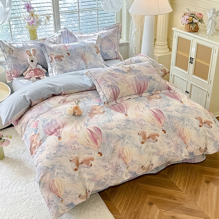 91家纺网 家纺一手货源 找家纺 巧玲珑 2025新款100%数码印花生态AB版四件套 热气球