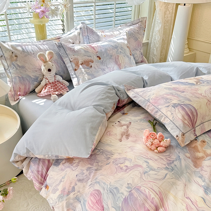 91家纺网 家纺一手货源 找家纺 巧玲珑 2025新款100%数码印花生态AB版四件套 热气球