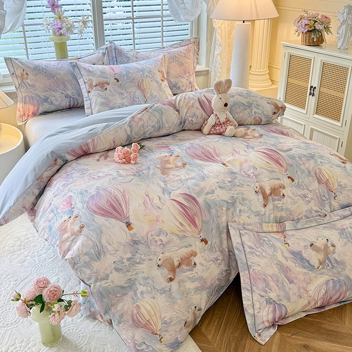 91家纺网 家纺一手货源 找家纺 巧玲珑 2025新款100%数码印花生态AB版四件套 热气球