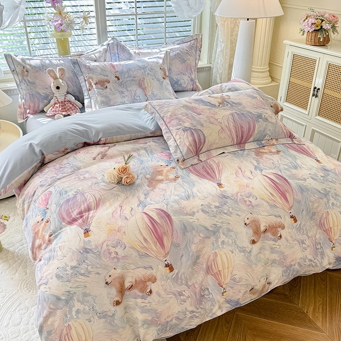 91家纺网 家纺一手货源 找家纺 巧玲珑 2025新款100%数码印花生态AB版四件套 热气球