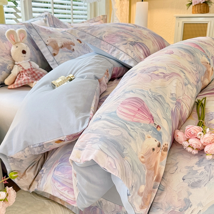 91家纺网 家纺一手货源 找家纺 巧玲珑 2025新款100%数码印花生态AB版四件套 热气球