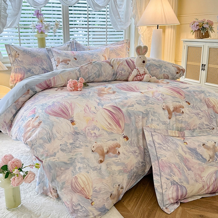 91家纺网 家纺一手货源 找家纺 巧玲珑 2025新款100%数码印花生态AB版四件套 热气球