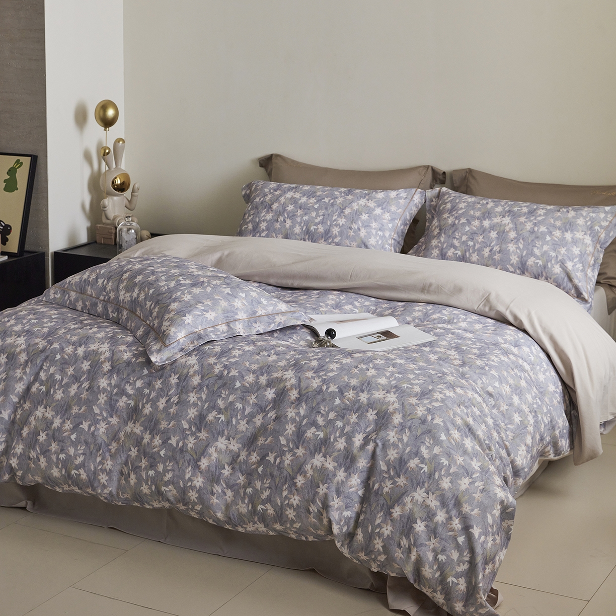 91家纺网 家纺一手货源 找家纺 XIWEN-希文家纺 2025秋冬新款全棉纯棉生态磨毛印花四件套 雨晴-灰