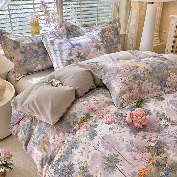 91家纺网 家纺一手货源 找家纺 巧玲珑 2025新款100%数码印花生态AB版四件套 思雨情怀