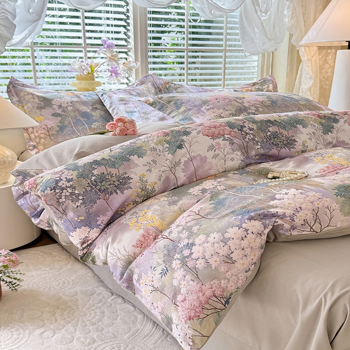 91家纺网 家纺一手货源 找家纺 巧玲珑 2025新款100%数码印花生态AB版四件套 思雨情怀