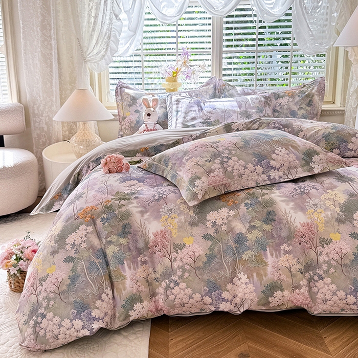 91家纺网 家纺一手货源 找家纺 巧玲珑 2025新款100%数码印花生态AB版四件套 思雨情怀