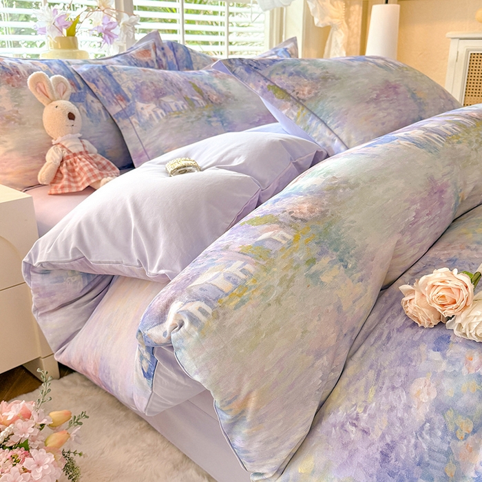 91家纺网 家纺一手货源 找家纺 巧玲珑 2025新款100%数码印花生态AB版四件套 雪宁