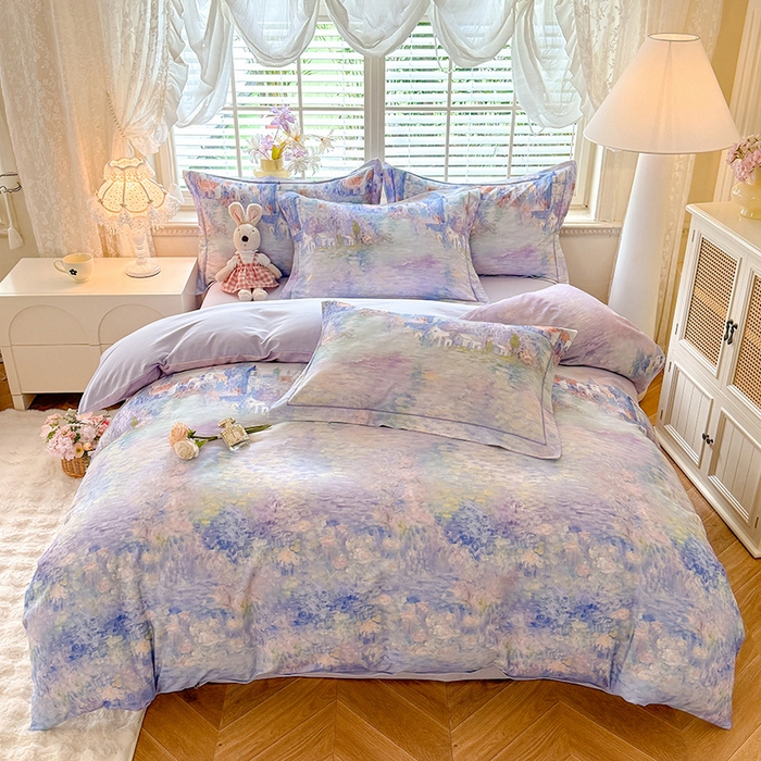 91家纺网 家纺一手货源 找家纺 巧玲珑 2025新款100%数码印花生态AB版四件套 雪宁