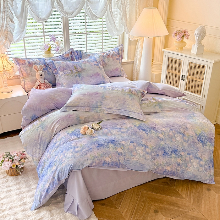 91家纺网 家纺一手货源 找家纺 巧玲珑 2025新款100%数码印花生态AB版四件套 雪宁