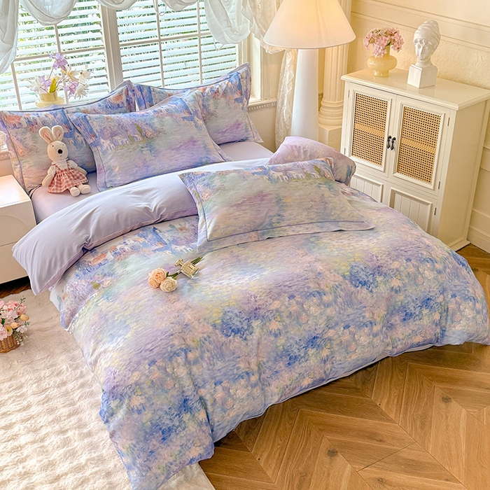 91家纺网 家纺一手货源 找家纺 巧玲珑 2025新款100%数码印花生态AB版四件套 雪宁