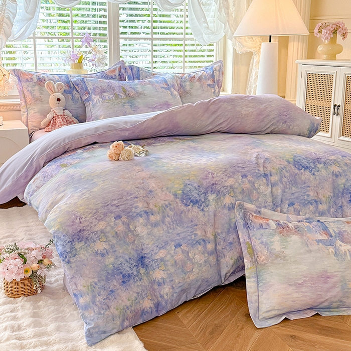 91家纺网 家纺一手货源 找家纺 巧玲珑 2025新款100%数码印花生态AB版四件套 雪宁