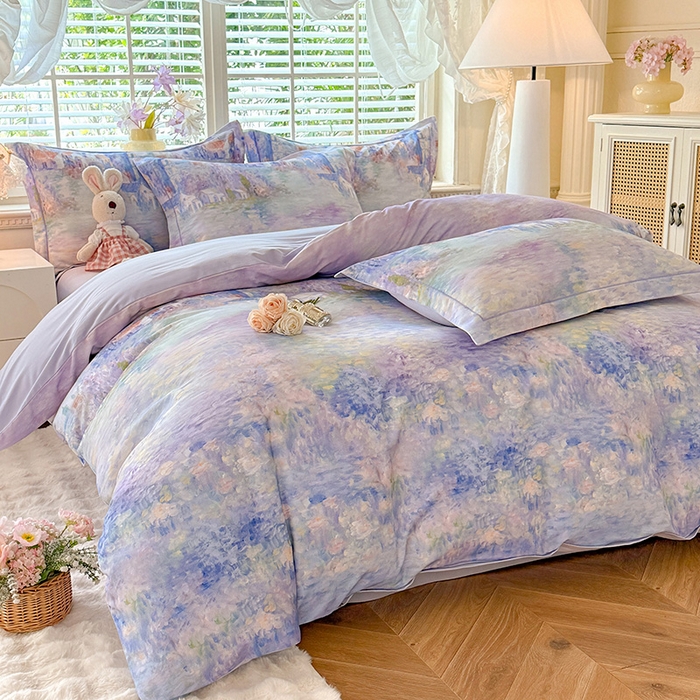 91家纺网 家纺一手货源 找家纺 巧玲珑 2025新款100%数码印花生态AB版四件套 雪宁