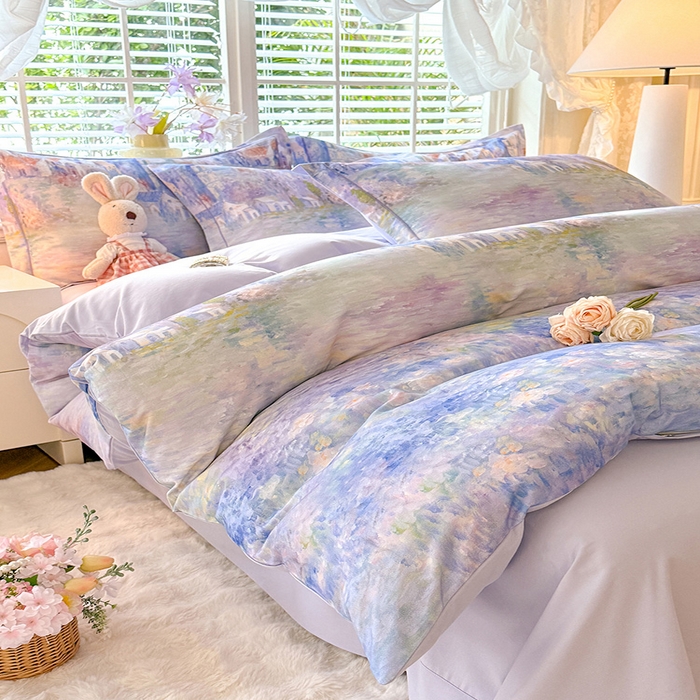 91家纺网 家纺一手货源 找家纺 巧玲珑 2025新款100%数码印花生态AB版四件套 雪宁