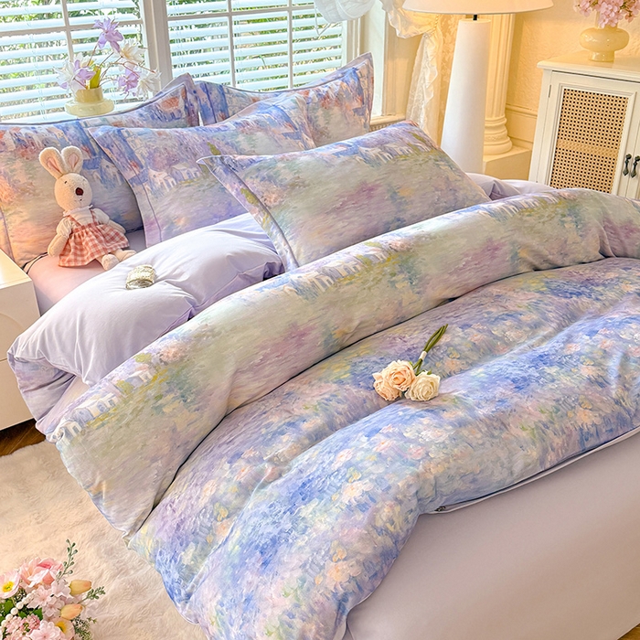 91家纺网 家纺一手货源 找家纺 巧玲珑 2025新款100%数码印花生态AB版四件套 雪宁