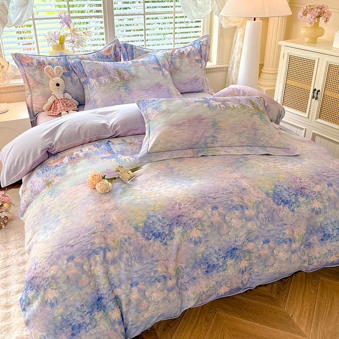 91家纺网 家纺一手货源 找家纺 巧玲珑 2025新款100%数码印花生态AB版四件套 雪宁