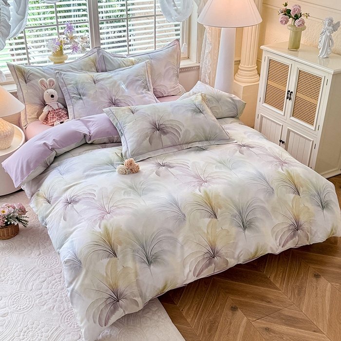 91家纺网 家纺一手货源 找家纺 巧玲珑 2025新款100%数码印花生态AB版四件套 茵茵花季