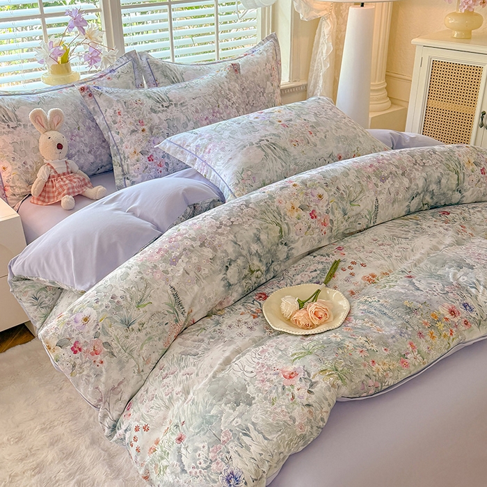 91家纺网 家纺一手货源 找家纺 巧玲珑 2025新款100%数码印花生态AB版四件套 幽若