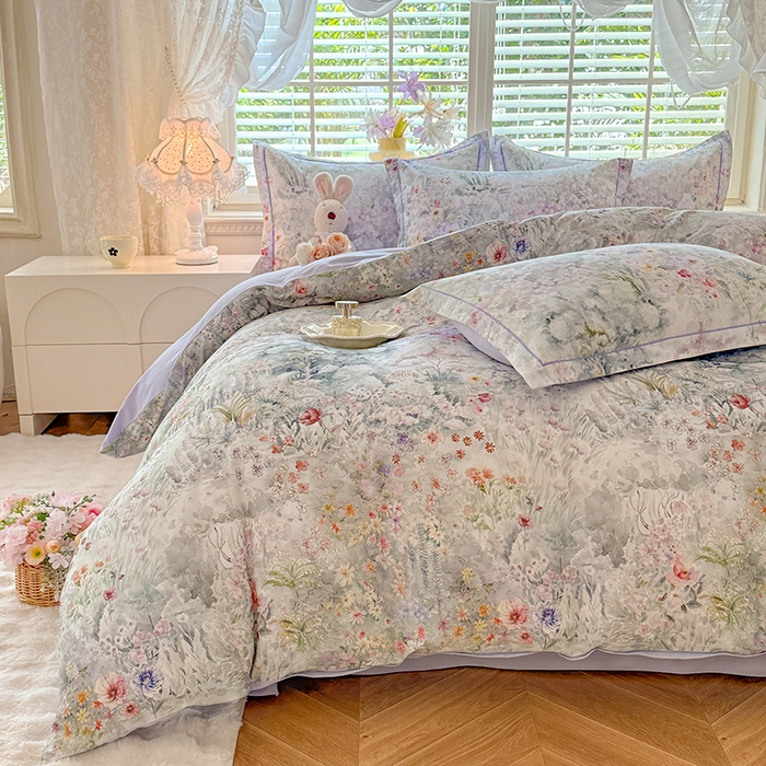 91家纺网 家纺一手货源 找家纺 巧玲珑 2025新款100%数码印花生态AB版四件套 幽若