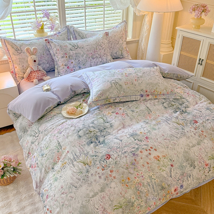 91家纺网 家纺一手货源 找家纺 巧玲珑 2025新款100%数码印花生态AB版四件套 幽若