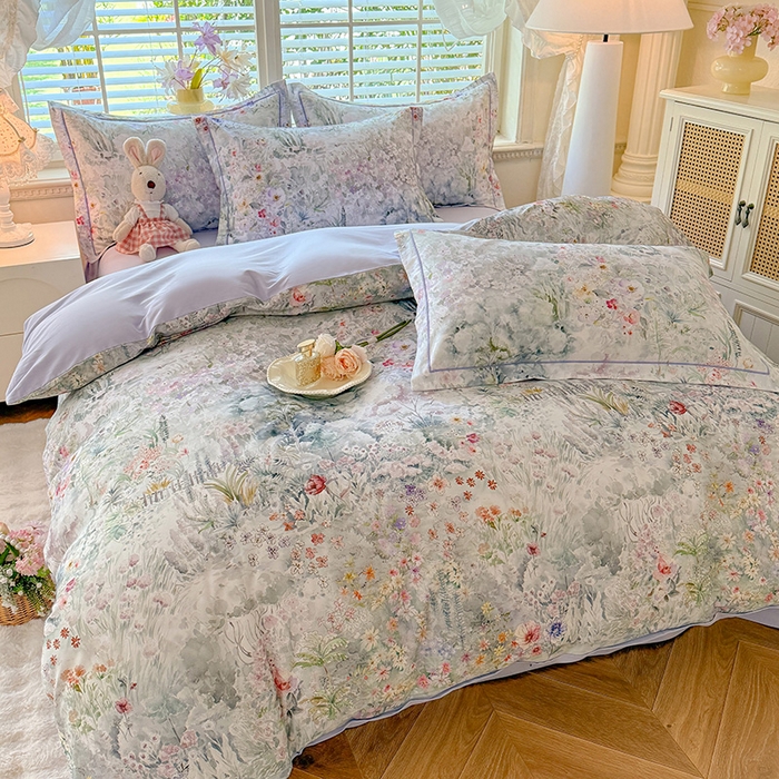 91家纺网 家纺一手货源 找家纺 巧玲珑 2025新款100%数码印花生态AB版四件套 幽若