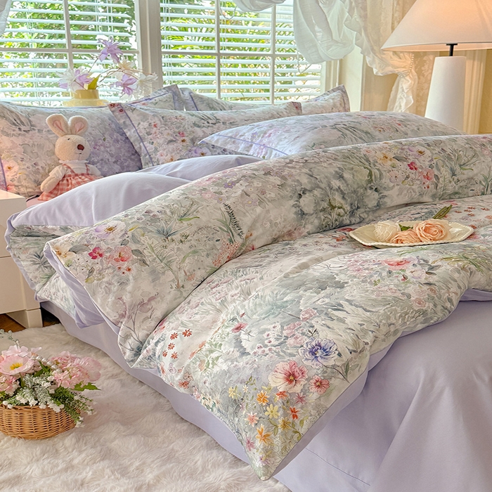 91家纺网 家纺一手货源 找家纺 巧玲珑 2025新款100%数码印花生态AB版四件套 幽若