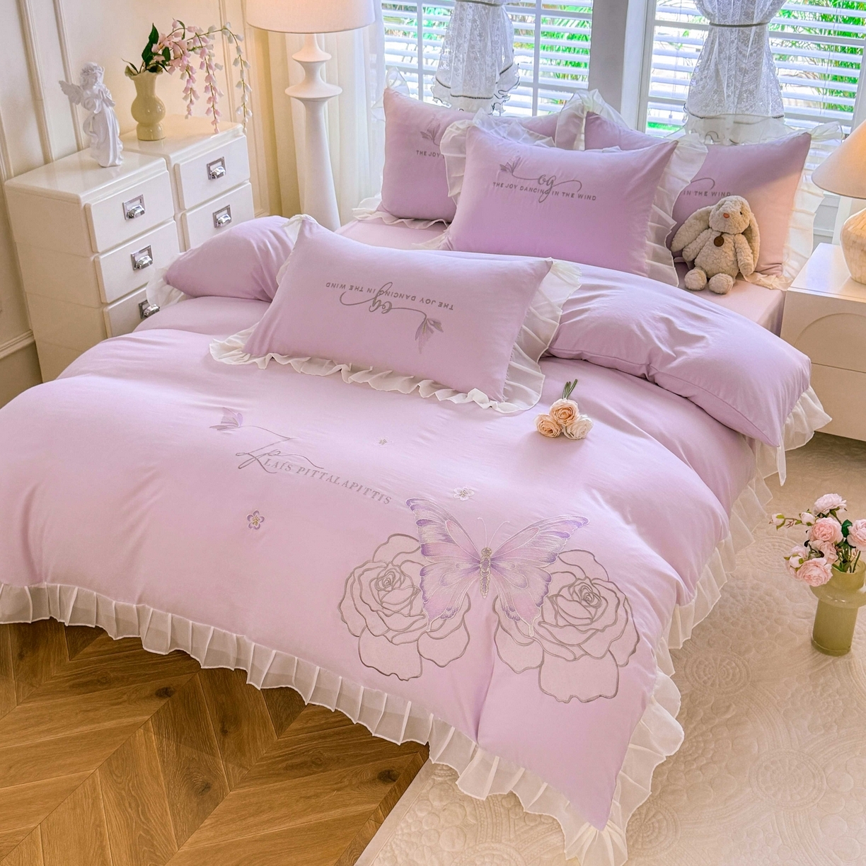 91家纺网 家纺一手货源 找家纺 （总）大麦乐田 2025新款法式少女心水洗公主风贴布绣蕾丝花边四件套