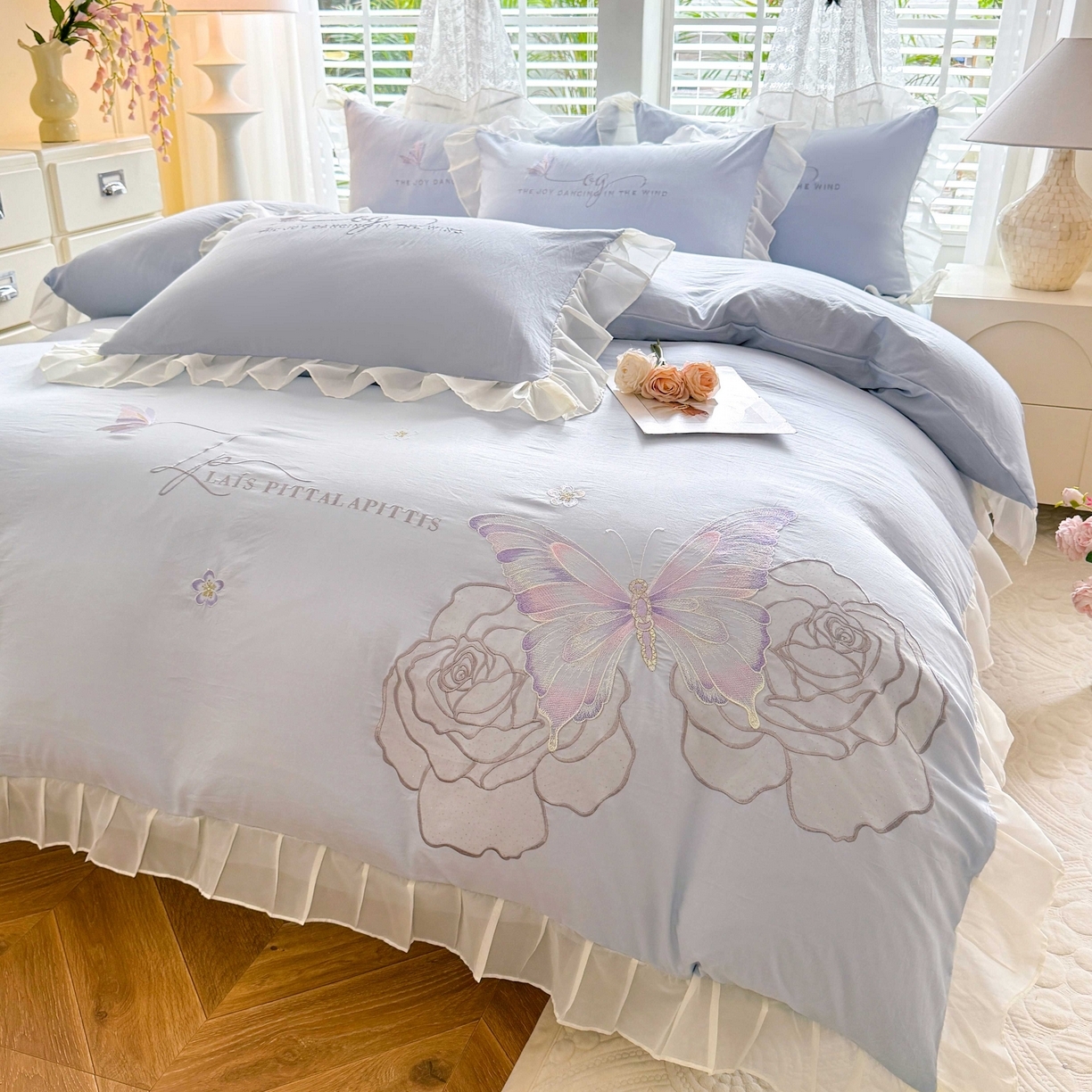 91家纺网 家纺一手货源 找家纺 （总）大麦乐田 2025新款法式少女心水洗公主风贴布绣蕾丝花边四件套