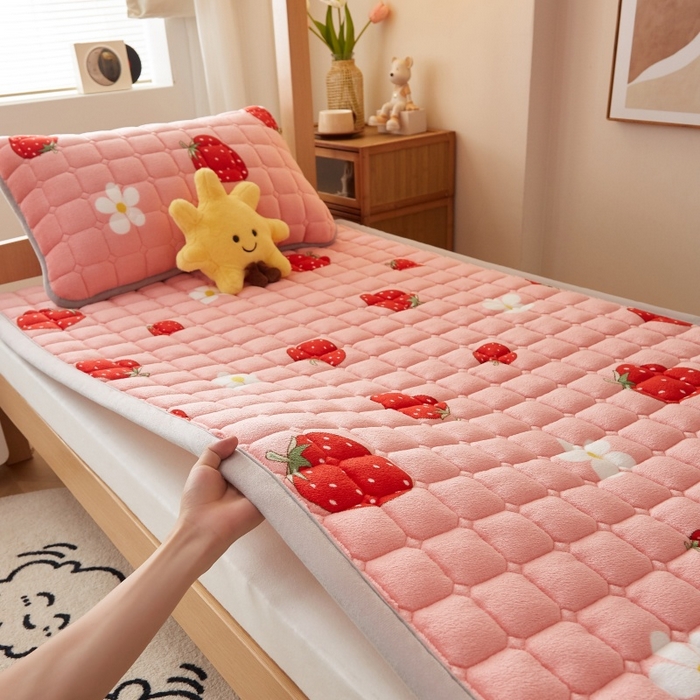 91家纺网 家纺一手货源 找家纺 奇丝雅 2025新款A类牛奶绒床褥床垫家用学生宿舍上下铺寝室软垫床护垫夹棉褥子-学生床套件 草莓物语