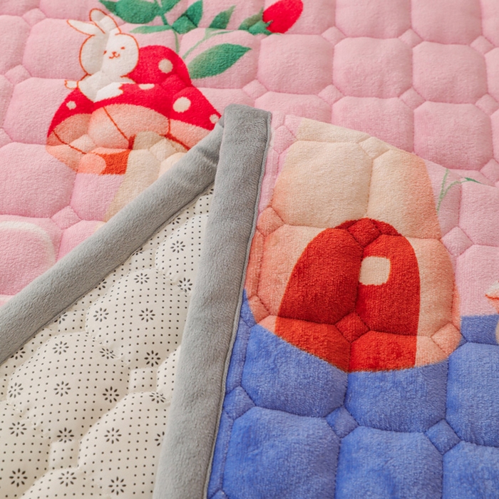 91家纺网 家纺一手货源 找家纺 宅部落 2025新款学生宿舍牛奶绒床垫保暖床褥子夹棉加厚印花床护垫 蘑菇小兔