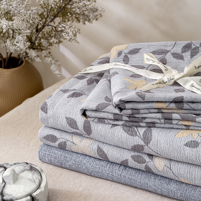 91家纺网 家纺一手货源 找家纺 夜笙家纺 2025新款A类色织亚麻130克四件套 叶茵蓝