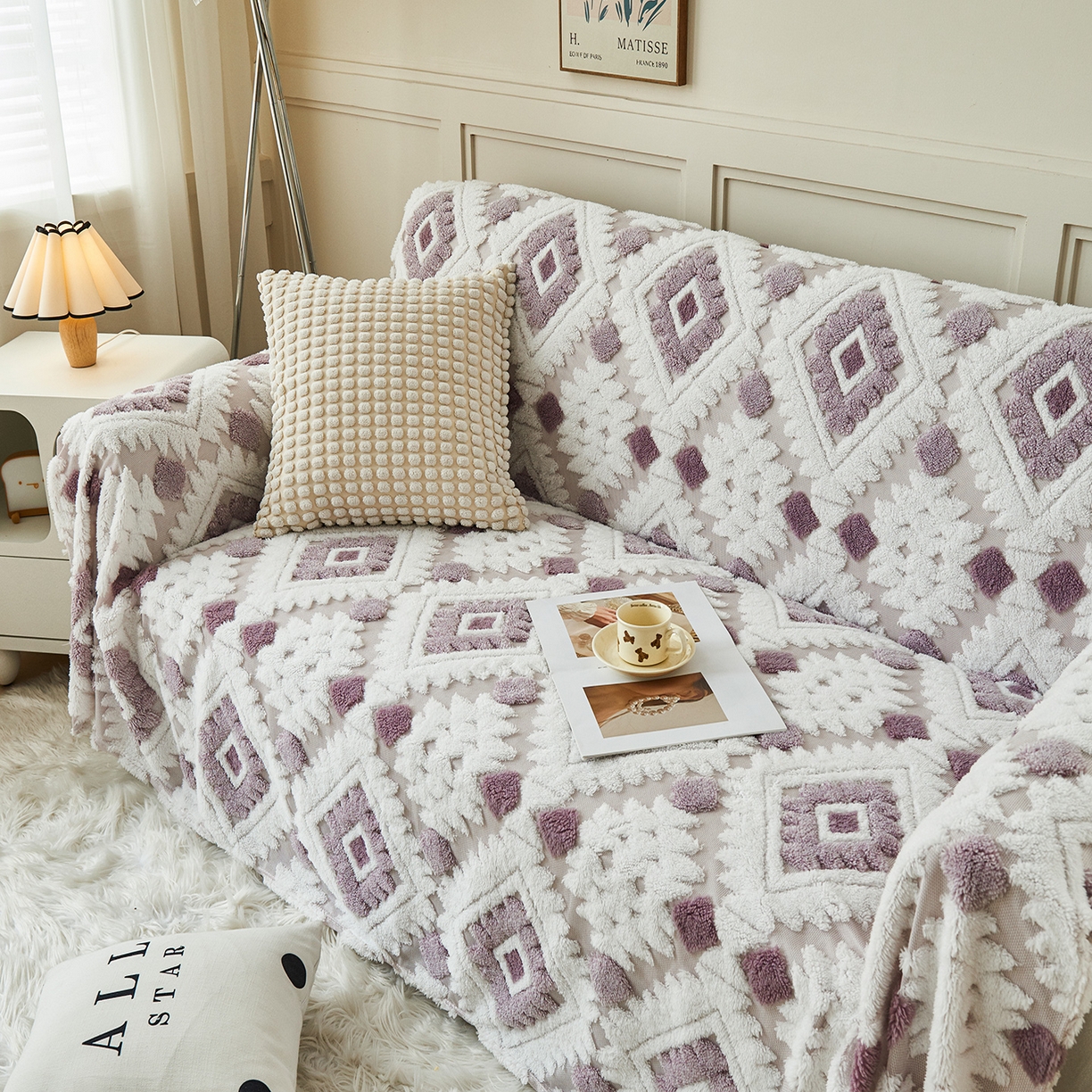 91家纺网 家纺一手货源 找家纺 枋梢家纺 2025新款沙发套罩坐垫防滑轻奢高级感盖布巾阳离子波西米亚沙发巾四季通用 波西米亚沙发巾-浅紫