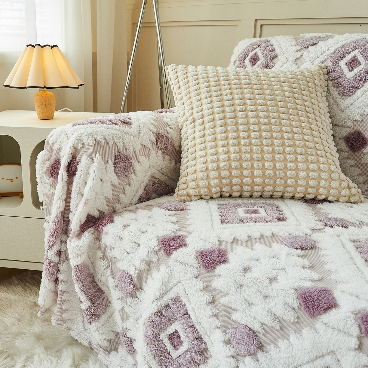 91家纺网 家纺一手货源 找家纺 枋梢家纺 2025新款沙发套罩坐垫防滑轻奢高级感盖布巾阳离子波西米亚沙发巾四季通用 波西米亚沙发巾-浅紫