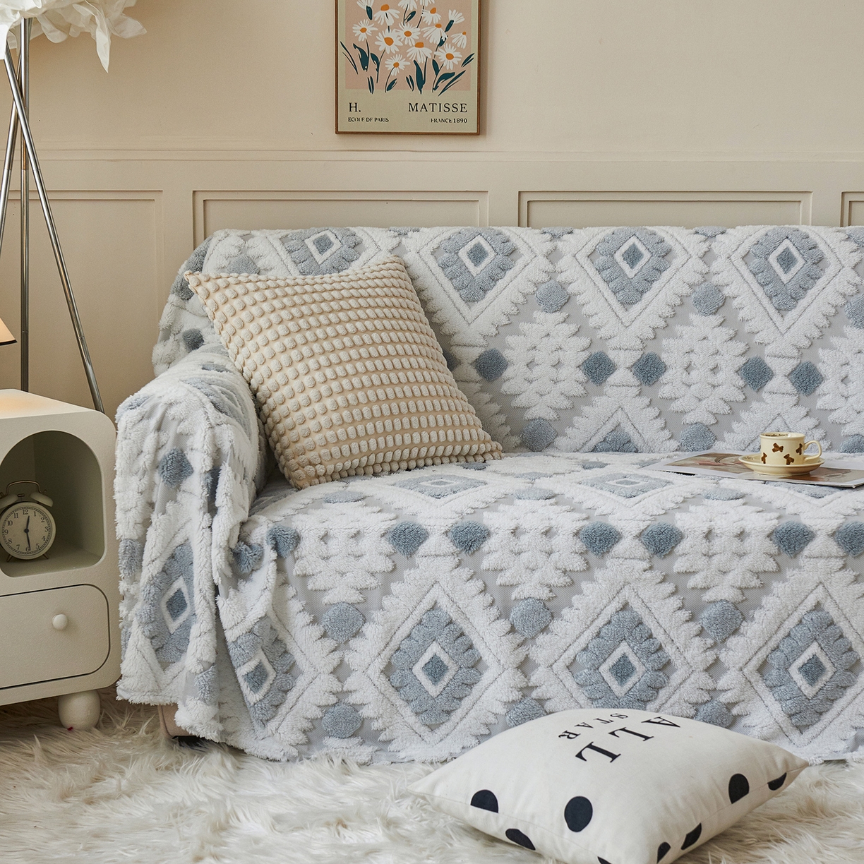 91家纺网 家纺一手货源 找家纺 枋梢家纺 2025新款沙发套罩坐垫防滑轻奢高级感盖布巾阳离子波西米亚沙发巾四季通用 波西米亚沙发巾-浅蓝