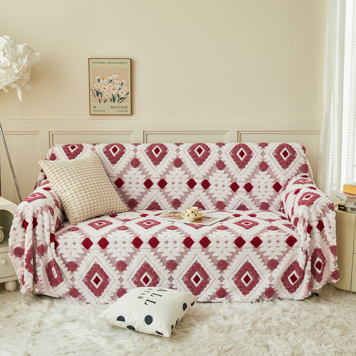 91家纺网 家纺一手货源 找家纺 枋梢家纺 2025新款沙发套罩坐垫防滑轻奢高级感盖布巾阳离子波西米亚沙发巾四季通用 波西米亚沙发巾-玫红