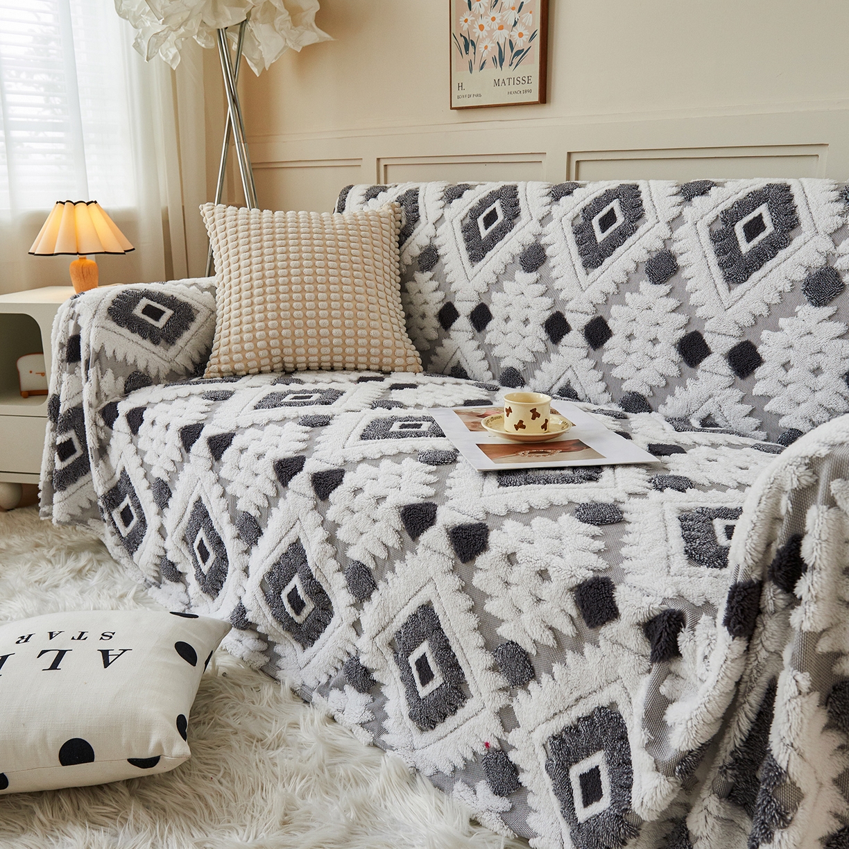 91家纺网 家纺一手货源 找家纺 枋梢家纺 2025新款沙发套罩坐垫防滑轻奢高级感盖布巾阳离子波西米亚沙发巾四季通用 波西米亚沙发巾-浅灰