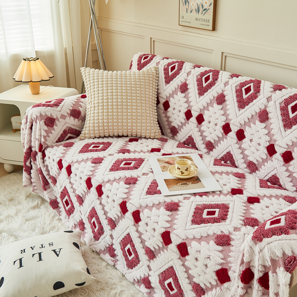 91家纺网 家纺一手货源 找家纺 枋梢家纺 2025新款沙发套罩坐垫防滑轻奢高级感盖布巾阳离子波西米亚沙发巾四季通用 波西米亚沙发巾-玫红