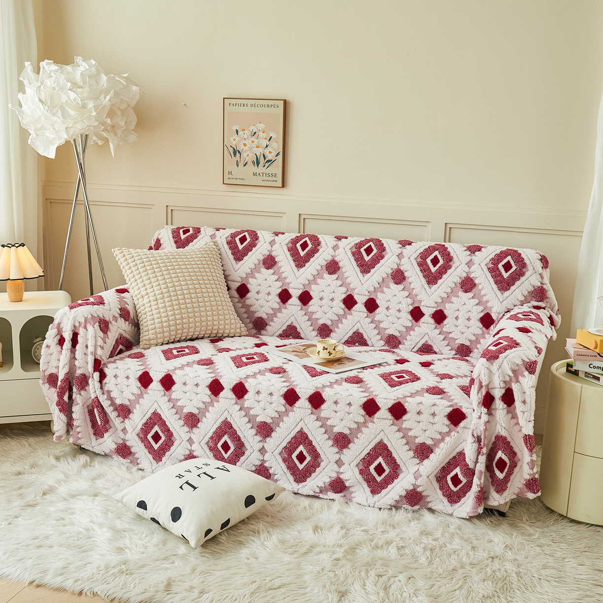 枋梢家纺 2025新款沙发套罩坐垫防滑轻奢高级感盖布巾阳离子波西米亚沙发巾四季通用 波西米亚沙发巾-玫红