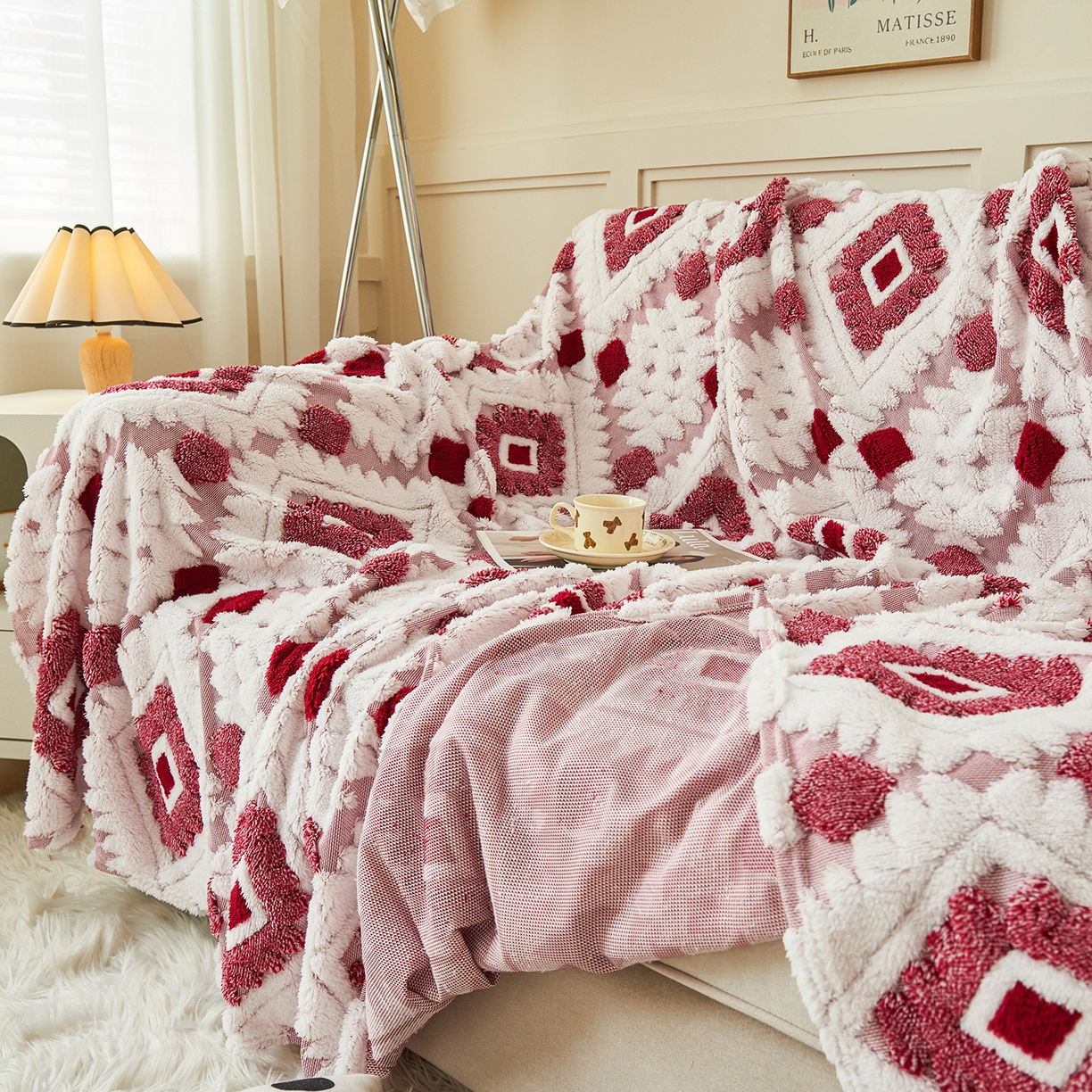 91家纺网 家纺一手货源 找家纺 枋梢家纺 2025新款沙发套罩坐垫防滑轻奢高级感盖布巾阳离子波西米亚沙发巾四季通用 波西米亚沙发巾-玫红