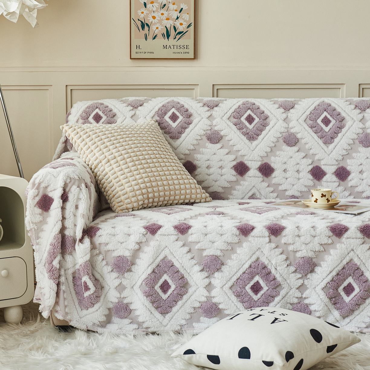 91家纺网 家纺一手货源 找家纺 枋梢家纺 2025新款沙发套罩坐垫防滑轻奢高级感盖布巾阳离子波西米亚沙发巾四季通用 波西米亚沙发巾-浅紫