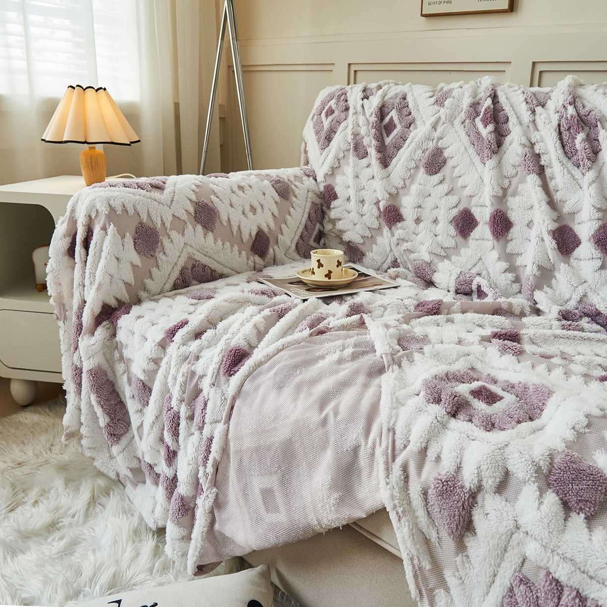 91家纺网 家纺一手货源 找家纺 枋梢家纺 2025新款沙发套罩坐垫防滑轻奢高级感盖布巾阳离子波西米亚沙发巾四季通用 波西米亚沙发巾-浅紫