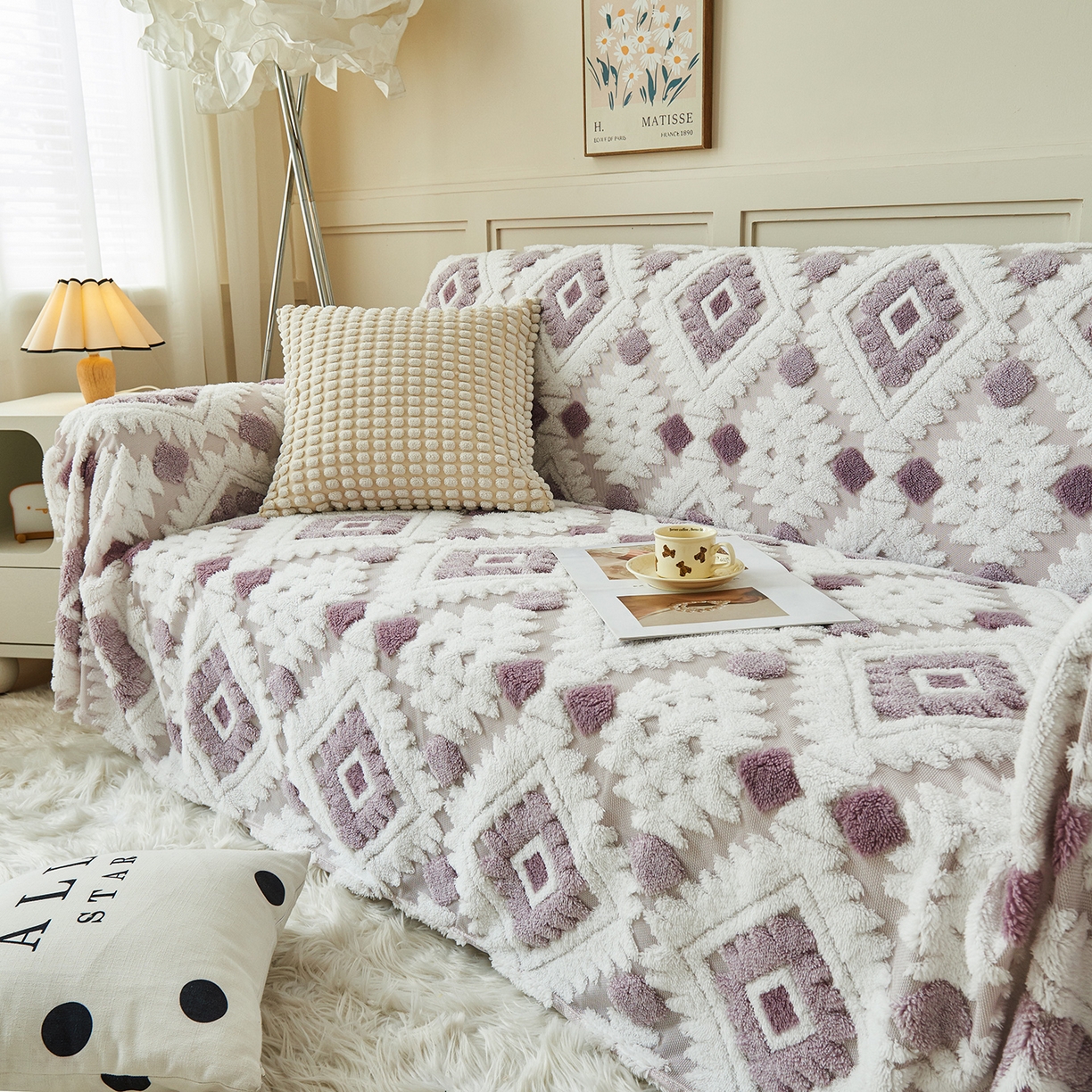 91家纺网 家纺一手货源 找家纺 枋梢家纺 2025新款沙发套罩坐垫防滑轻奢高级感盖布巾阳离子波西米亚沙发巾四季通用 波西米亚沙发巾-浅紫