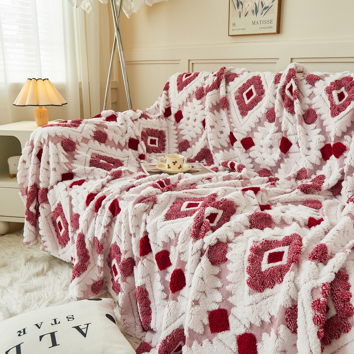 91家纺网 家纺一手货源 找家纺 枋梢家纺 2025新款沙发套罩坐垫防滑轻奢高级感盖布巾阳离子波西米亚沙发巾四季通用 波西米亚沙发巾-玫红