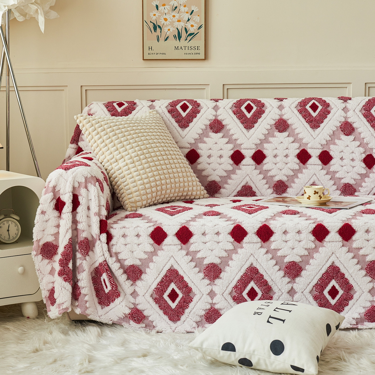 91家纺网 家纺一手货源 找家纺 枋梢家纺 2025新款沙发套罩坐垫防滑轻奢高级感盖布巾阳离子波西米亚沙发巾四季通用 波西米亚沙发巾-玫红