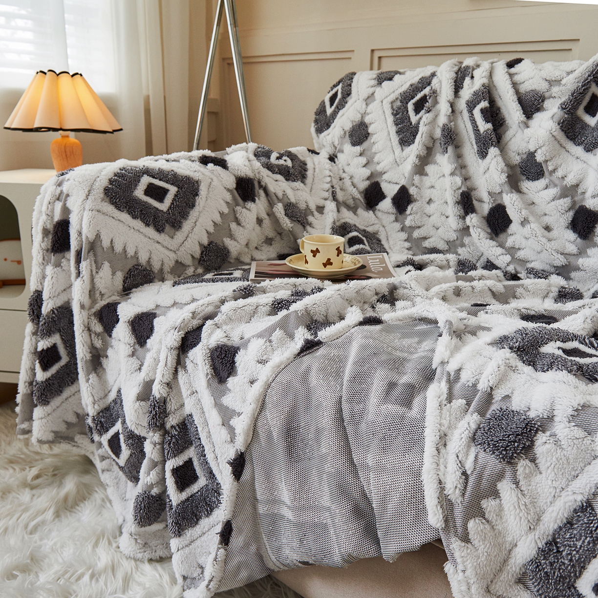 91家纺网 家纺一手货源 找家纺 枋梢家纺 2025新款沙发套罩坐垫防滑轻奢高级感盖布巾阳离子波西米亚沙发巾四季通用 波西米亚沙发巾-浅灰