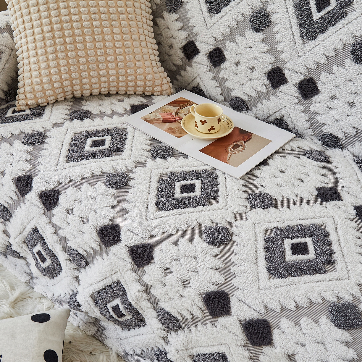 91家纺网 家纺一手货源 找家纺 枋梢家纺 2025新款沙发套罩坐垫防滑轻奢高级感盖布巾阳离子波西米亚沙发巾四季通用 波西米亚沙发巾-浅灰