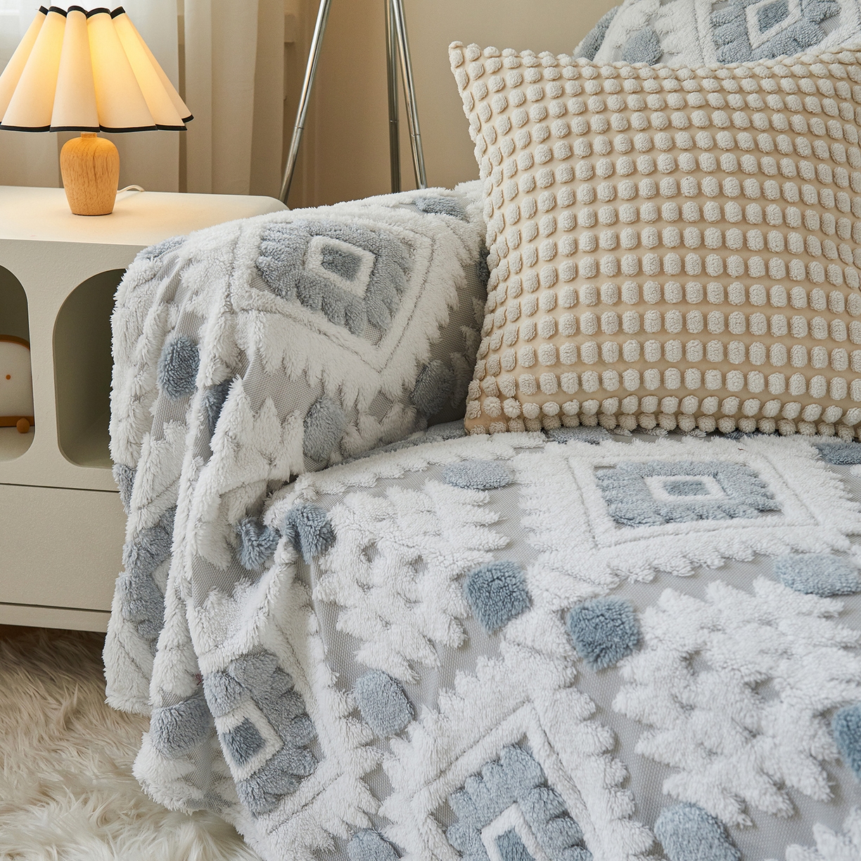 91家纺网 家纺一手货源 找家纺 枋梢家纺 2025新款沙发套罩坐垫防滑轻奢高级感盖布巾阳离子波西米亚沙发巾四季通用 波西米亚沙发巾-浅蓝