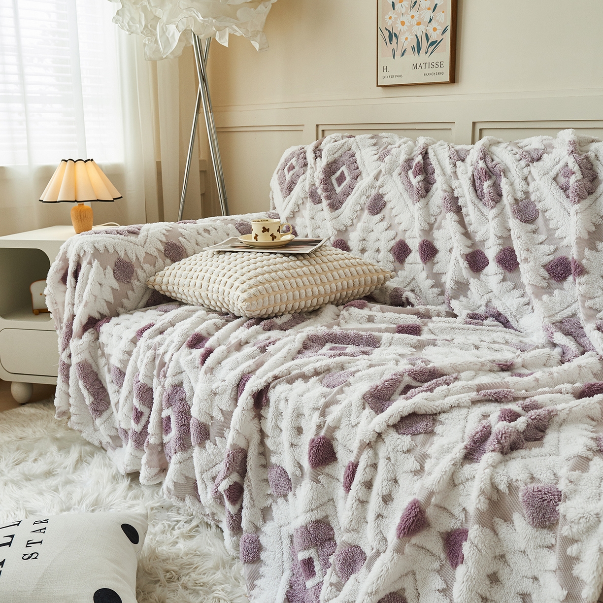 91家纺网 家纺一手货源 找家纺 枋梢家纺 2025新款沙发套罩坐垫防滑轻奢高级感盖布巾阳离子波西米亚沙发巾四季通用 波西米亚沙发巾-浅紫